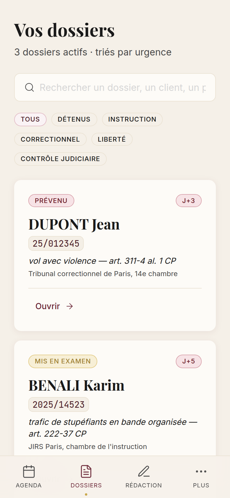 Dossiers actifs, triés par urgence