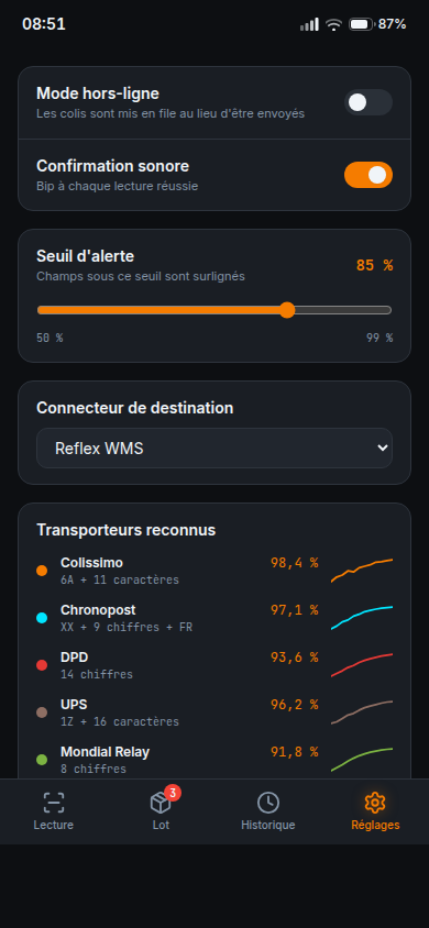Réglages : seuil, connecteur, transporteurs