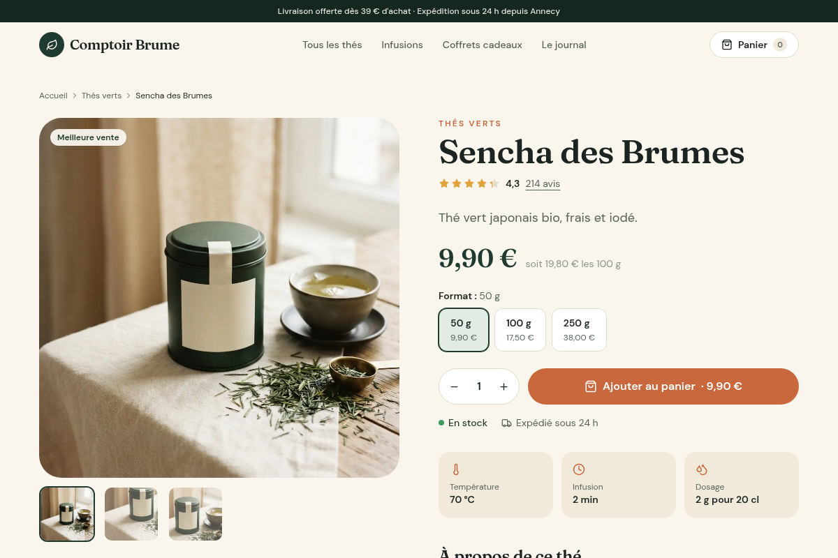 Fiche produit avec variantes et avis