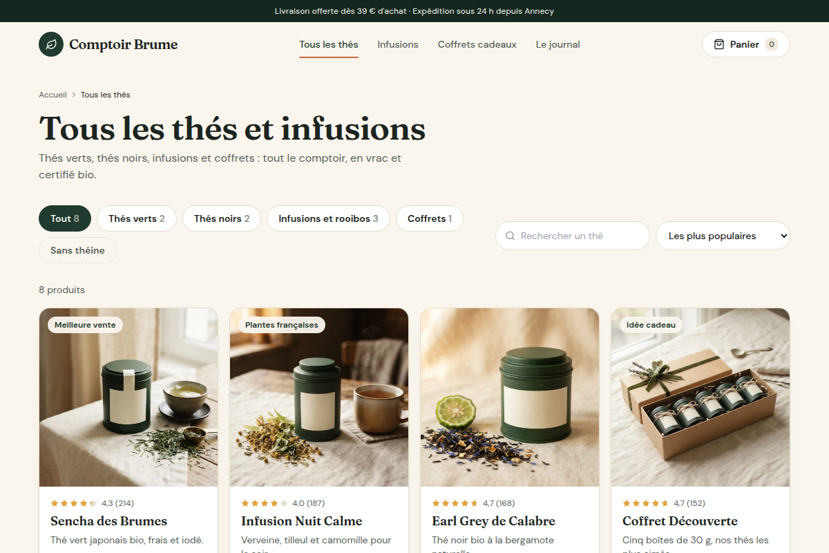 Catalogue avec filtres par catégorie