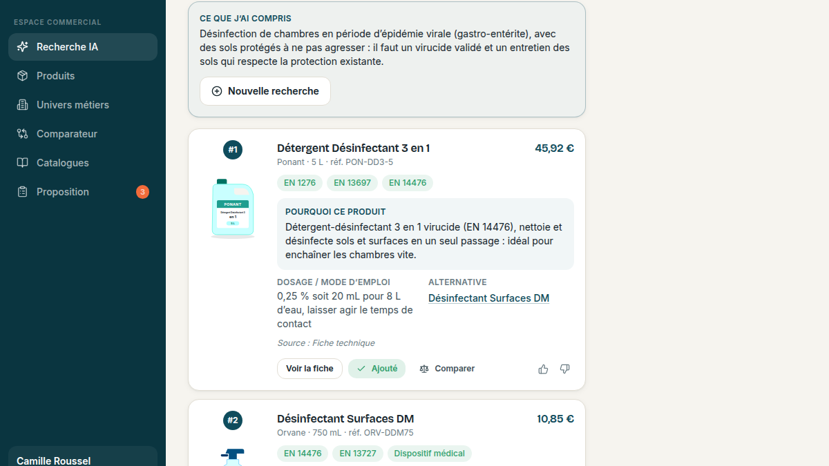 Recherche IA qui justifie chaque produit
