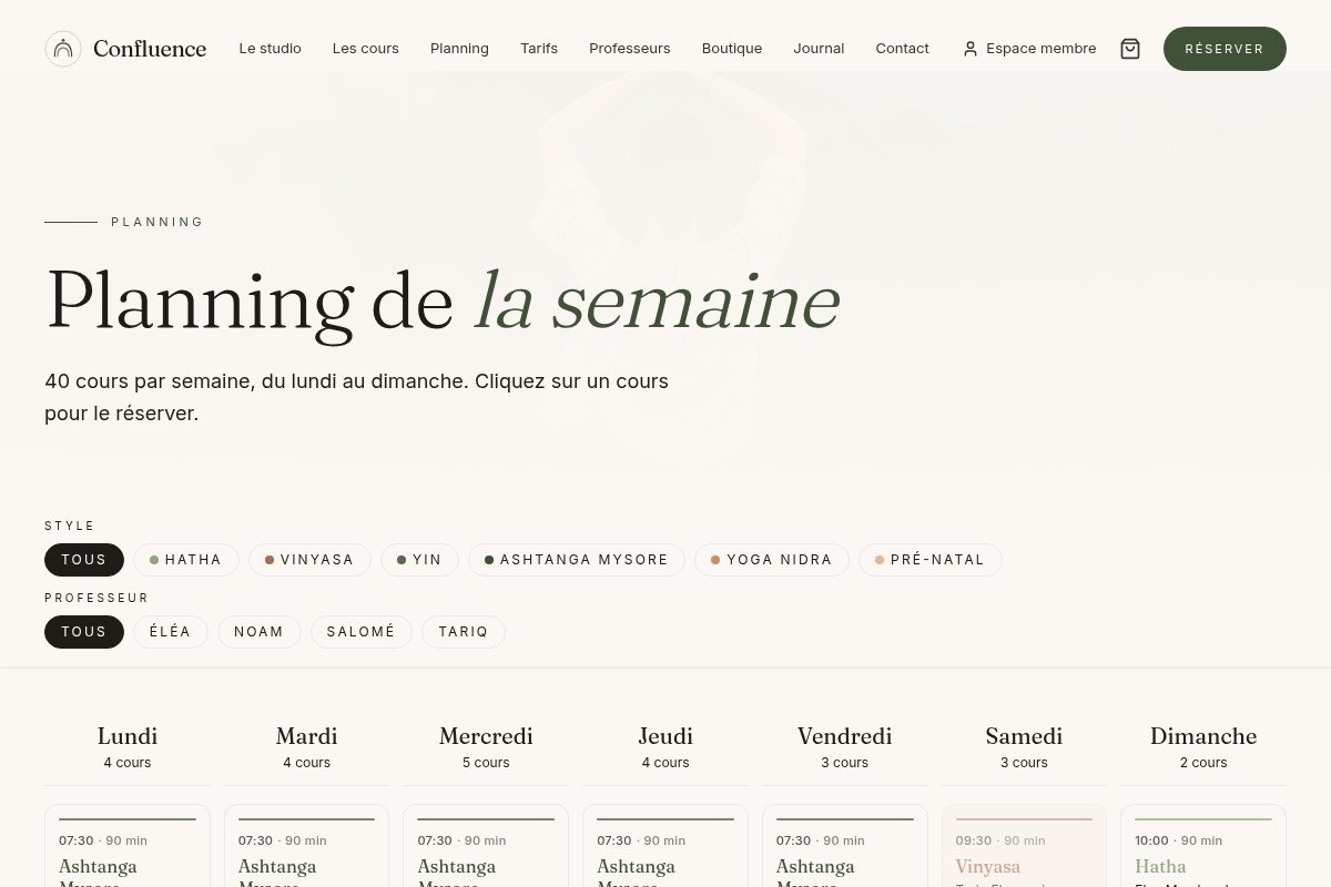 Planning de la semaine, filtrable par style/prof