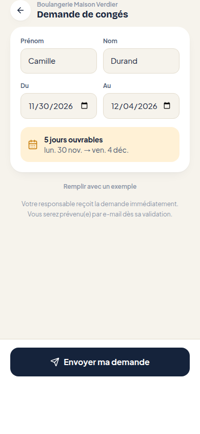 Formulaire prérempli, jours ouvrables calculés seuls