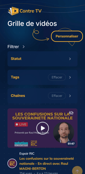 Grille de vidéos filtrable par tags et chaînes