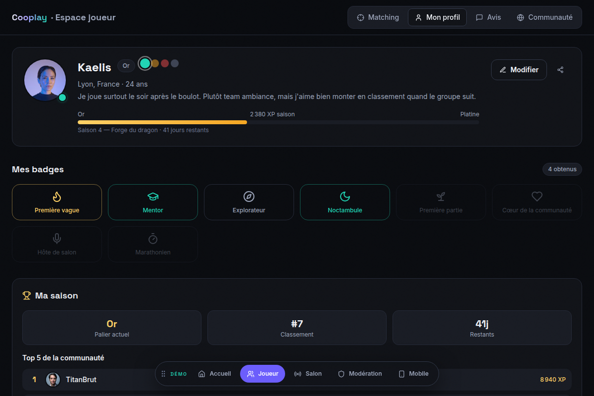 Profil joueur : badges, stats de saison et classement