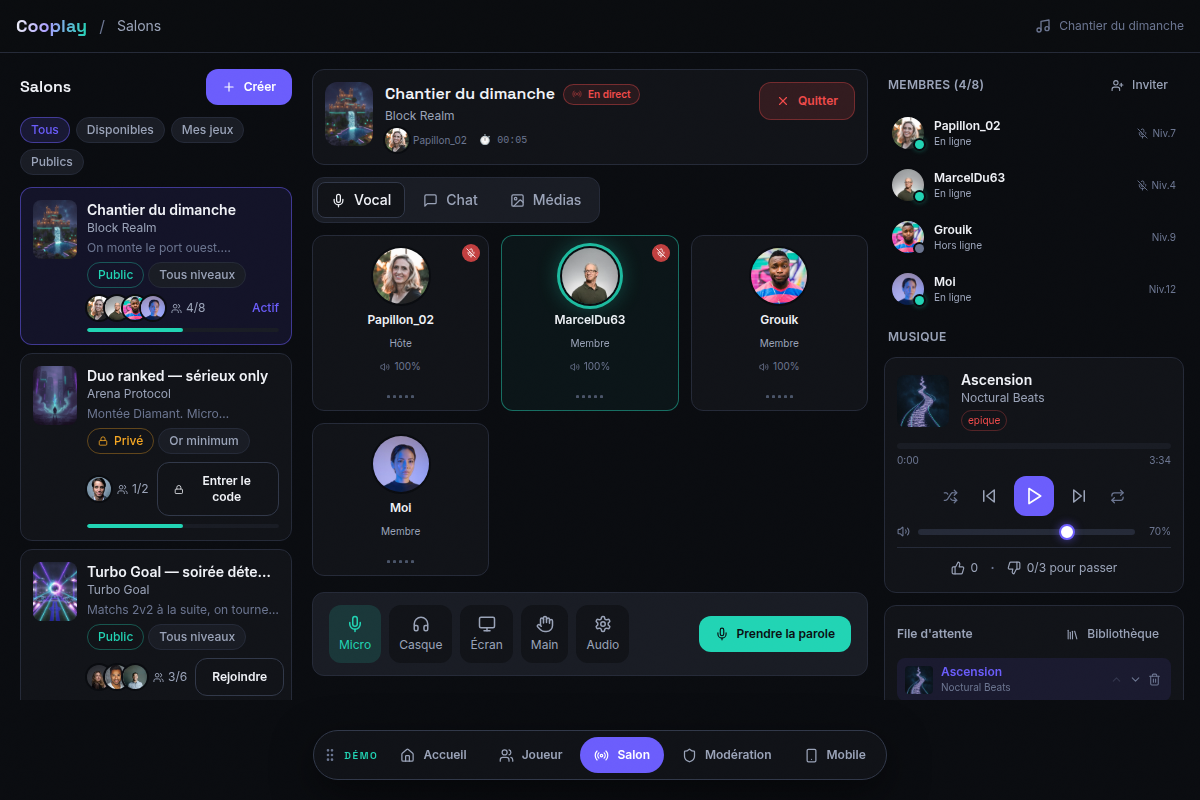 Salon vocal : présence en direct, chat et musique