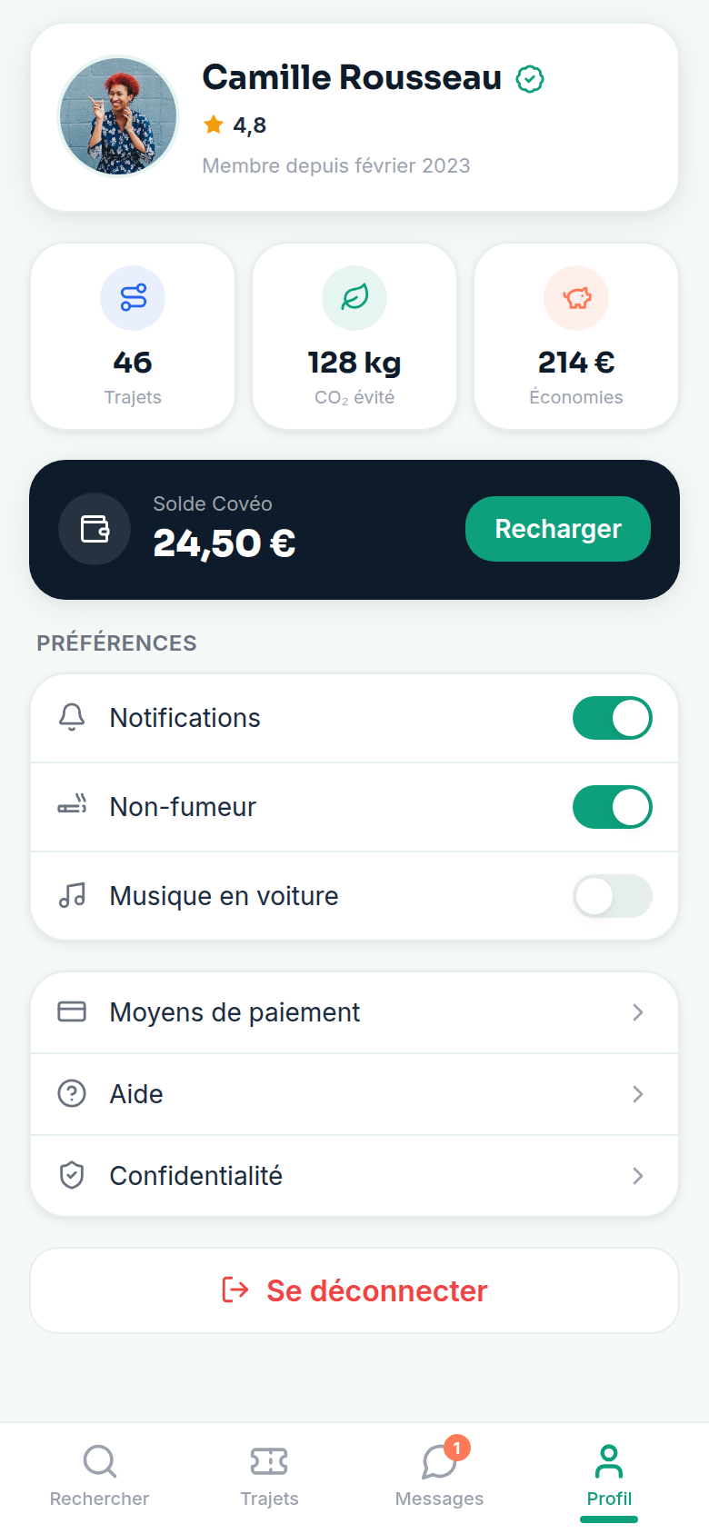 Profil passager et historique des trajets