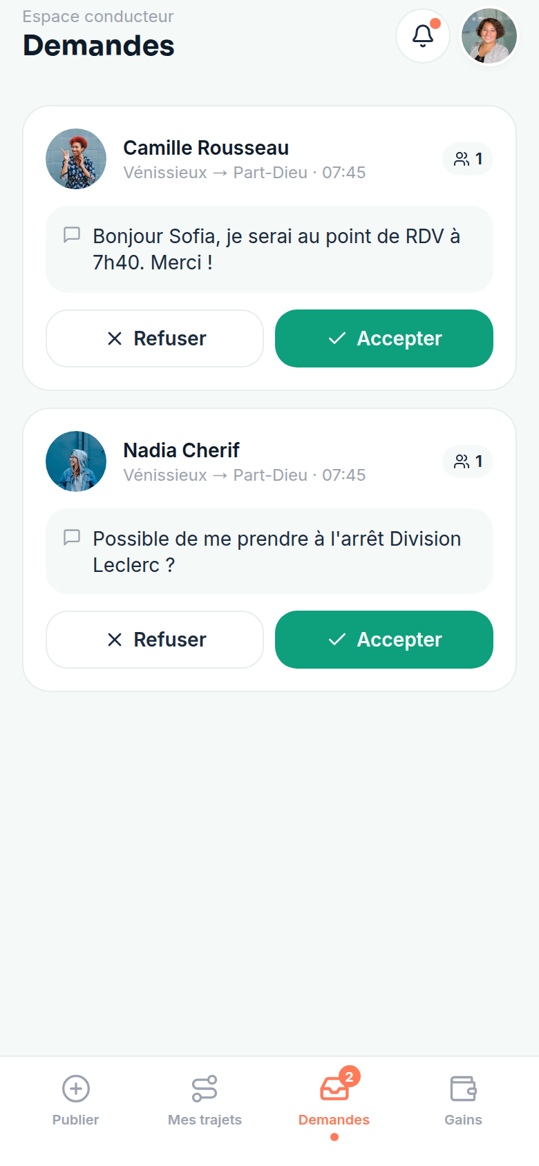 Demandes de réservation à valider