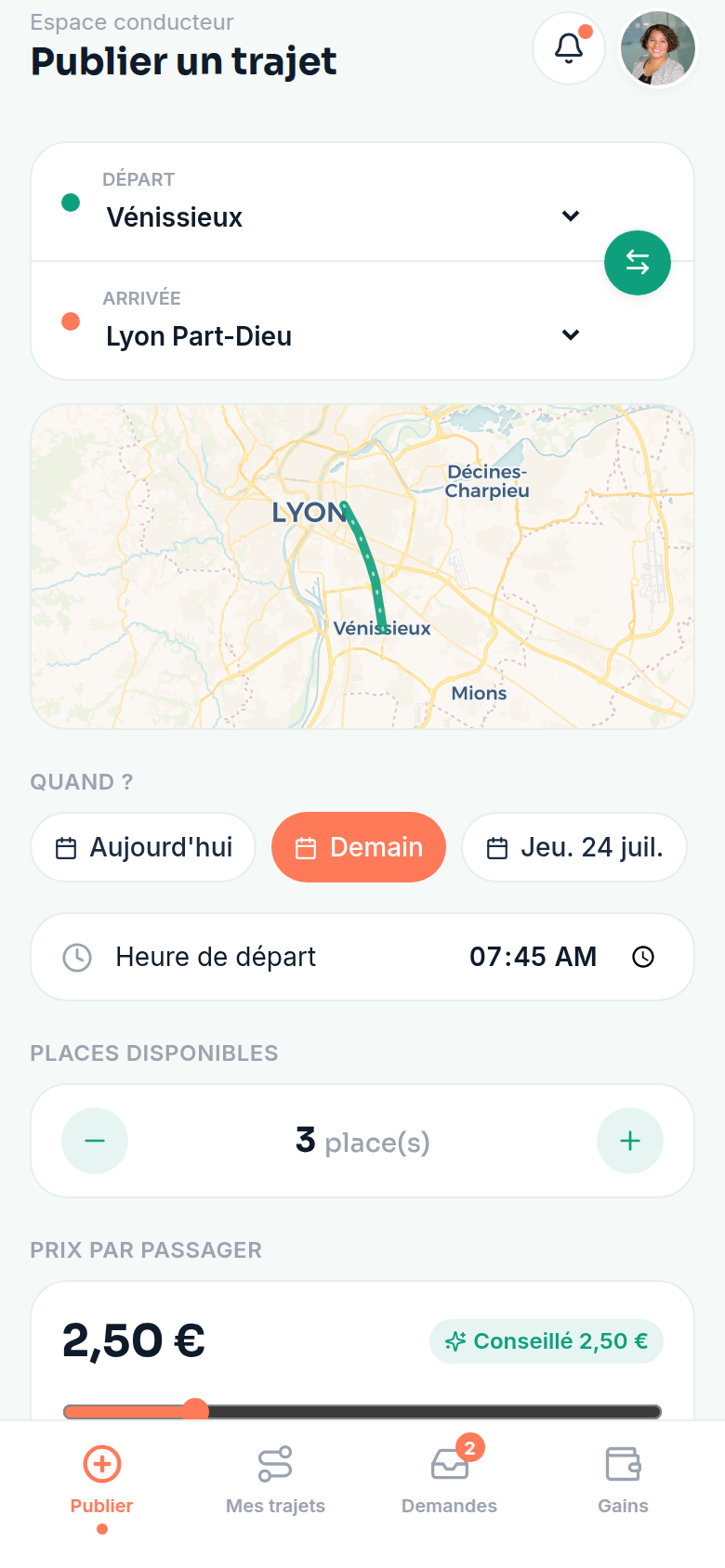 Publier un trajet en quelques secondes