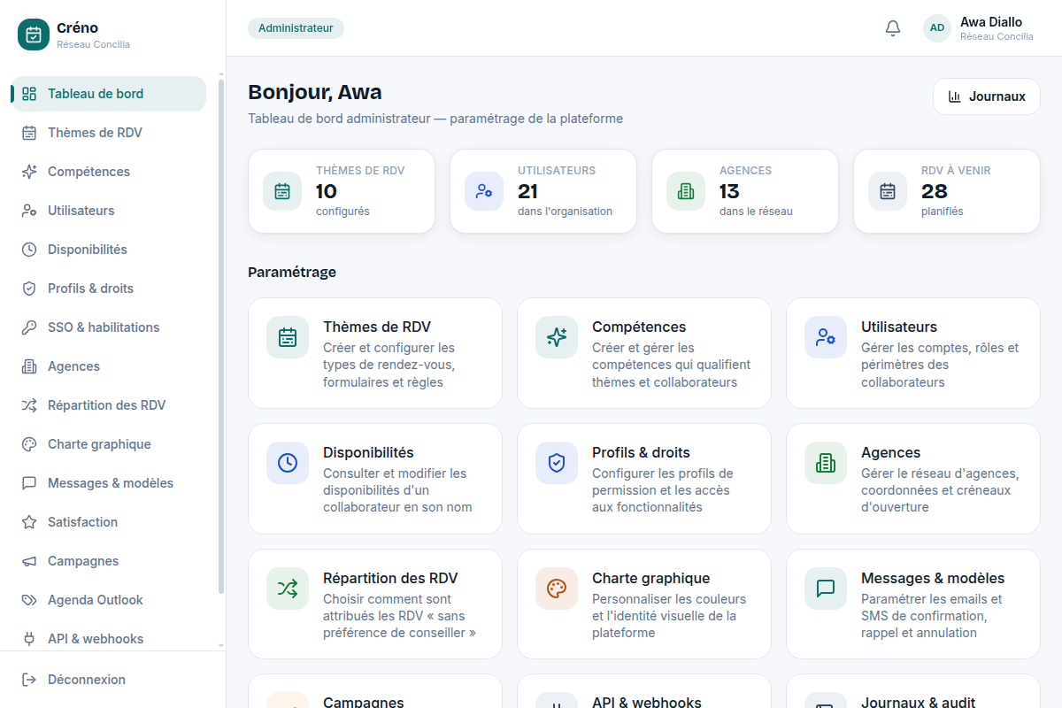 Tableau de bord administrateur