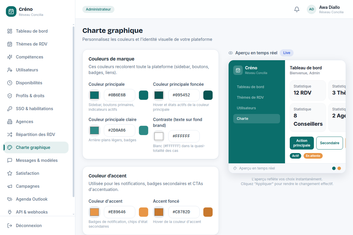 Charte graphique avec aperçu live