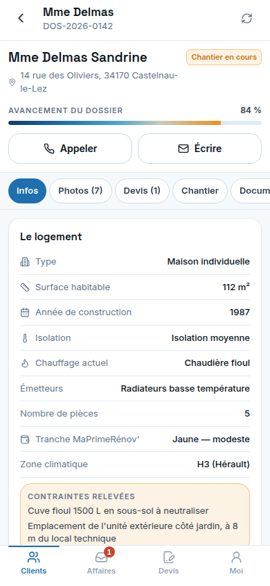 Fiche client, infos logement et dossier