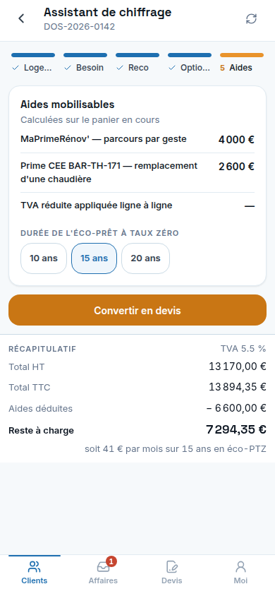 Assistant de chiffrage, aides calculees