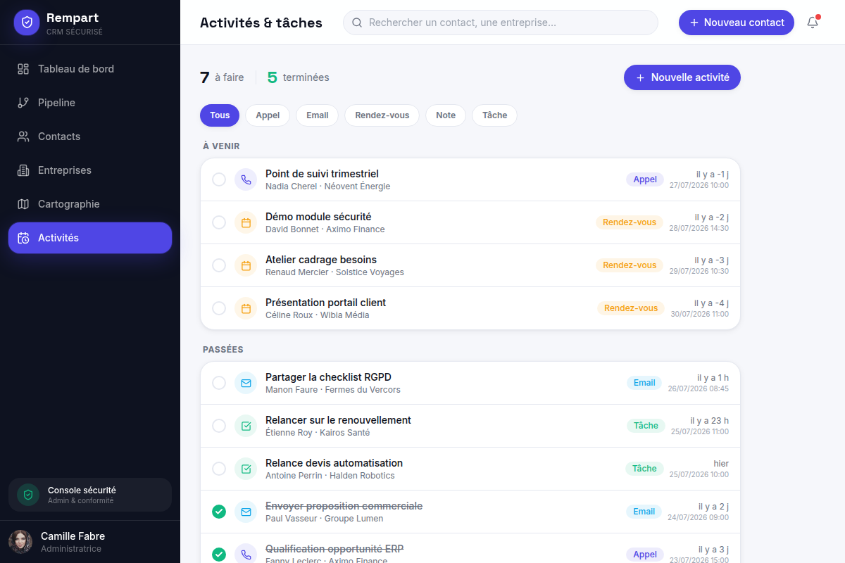 Activités : appels, RDV, emails et tâches