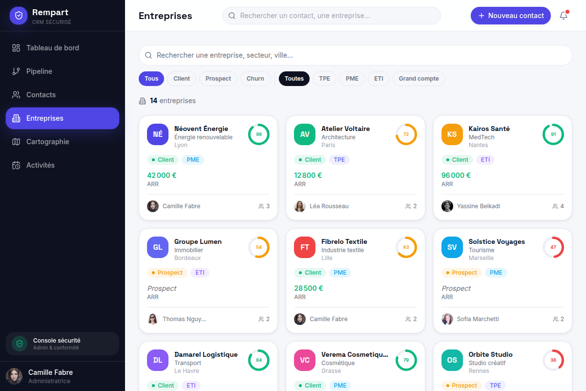 Entreprises : ARR, score de santé et contacts