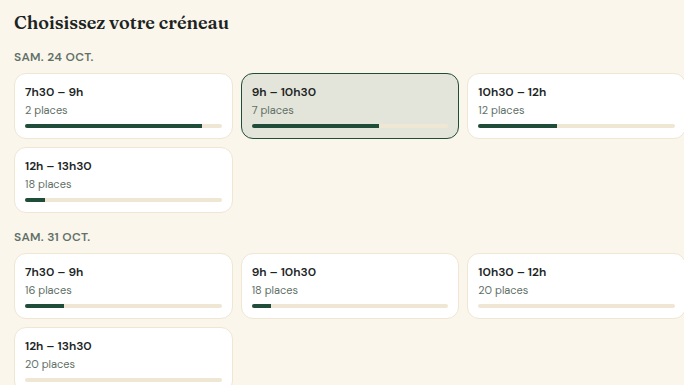 Créneaux de retrait avec places restantes en direct
