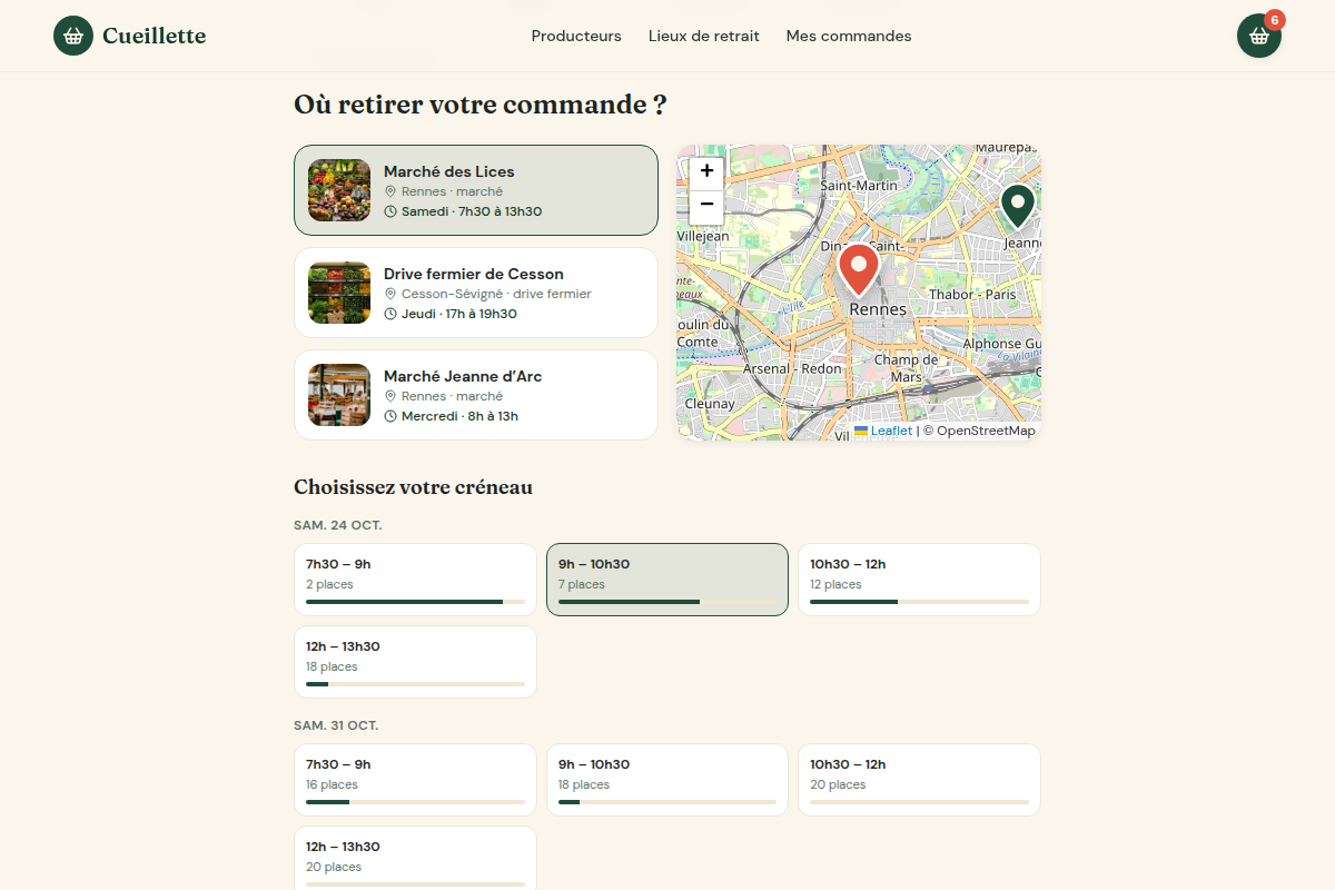 Choix du lieu et du créneau avec places restantes