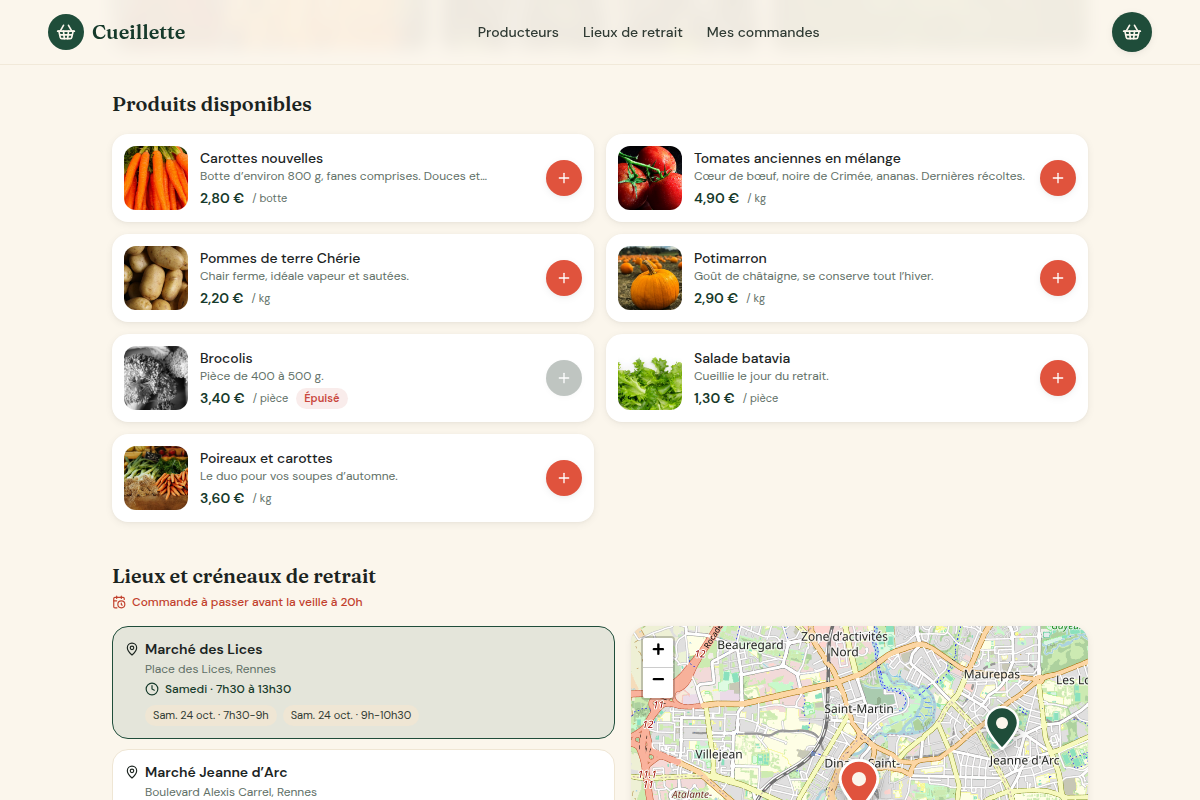 Catalogue avec prix, unités et stock épuisé