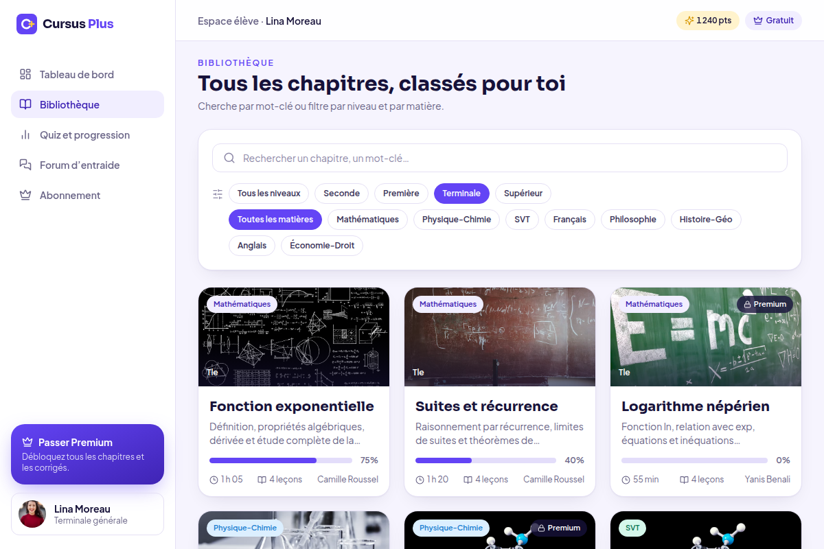 Bibliothèque de chapitres par matière et niveau