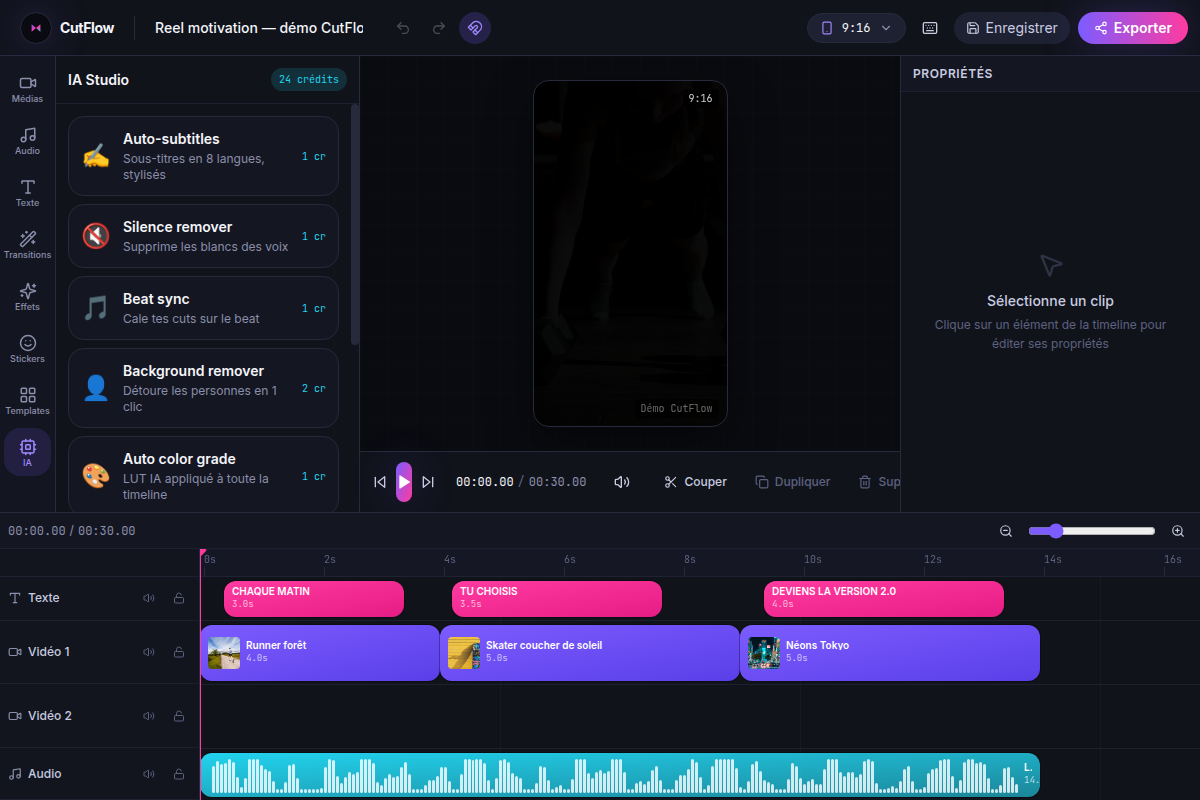 Studio IA : sous-titres, silence, color grade