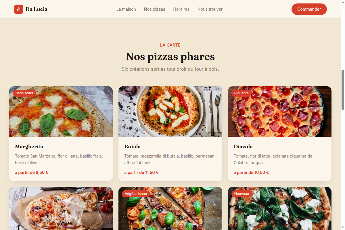 Grille des pizzas phares avec badges