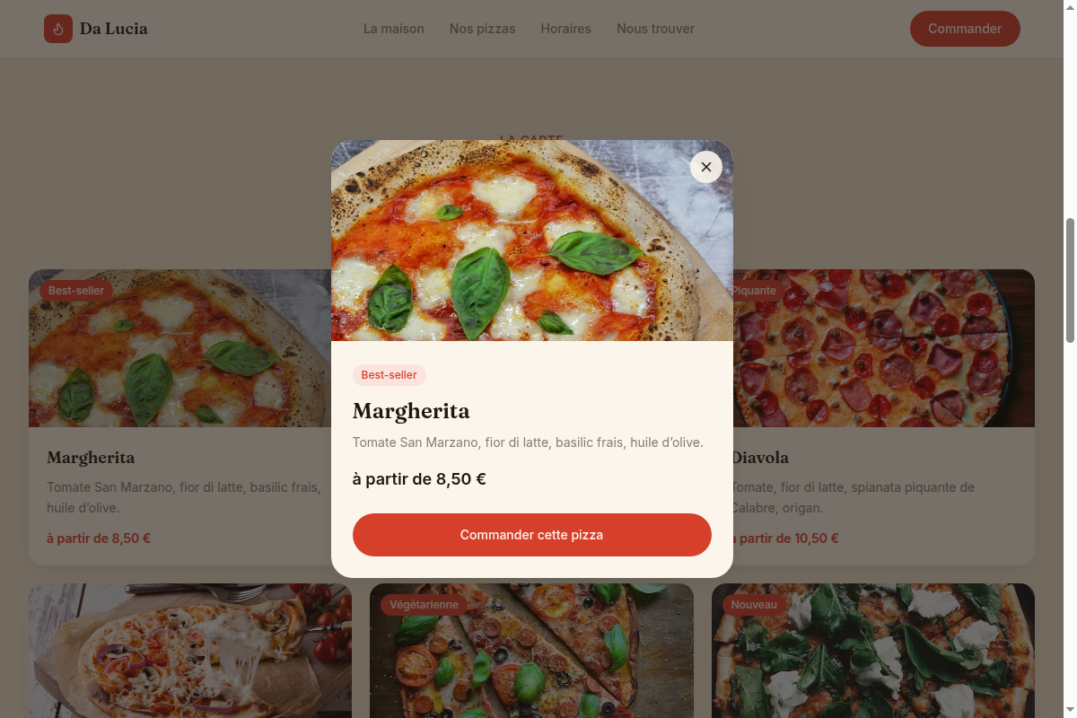 Fiche détaillée d'une pizza en modale