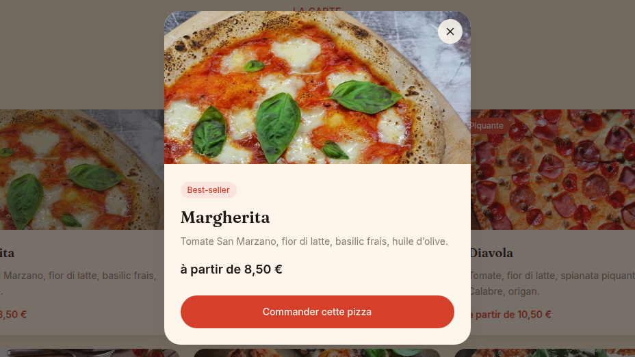 Fiche pizza en modale
