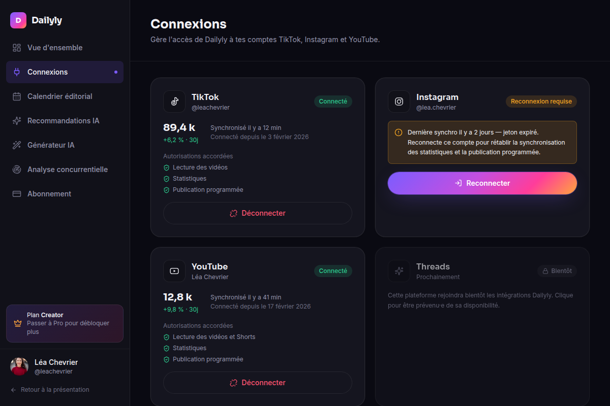 Comptes TikTok, Instagram, YouTube liés