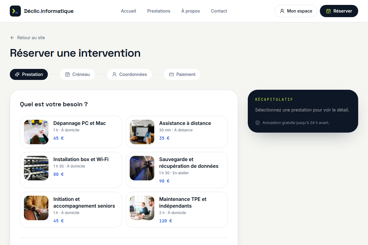 Réservation, étape 1 : choix de la prestation