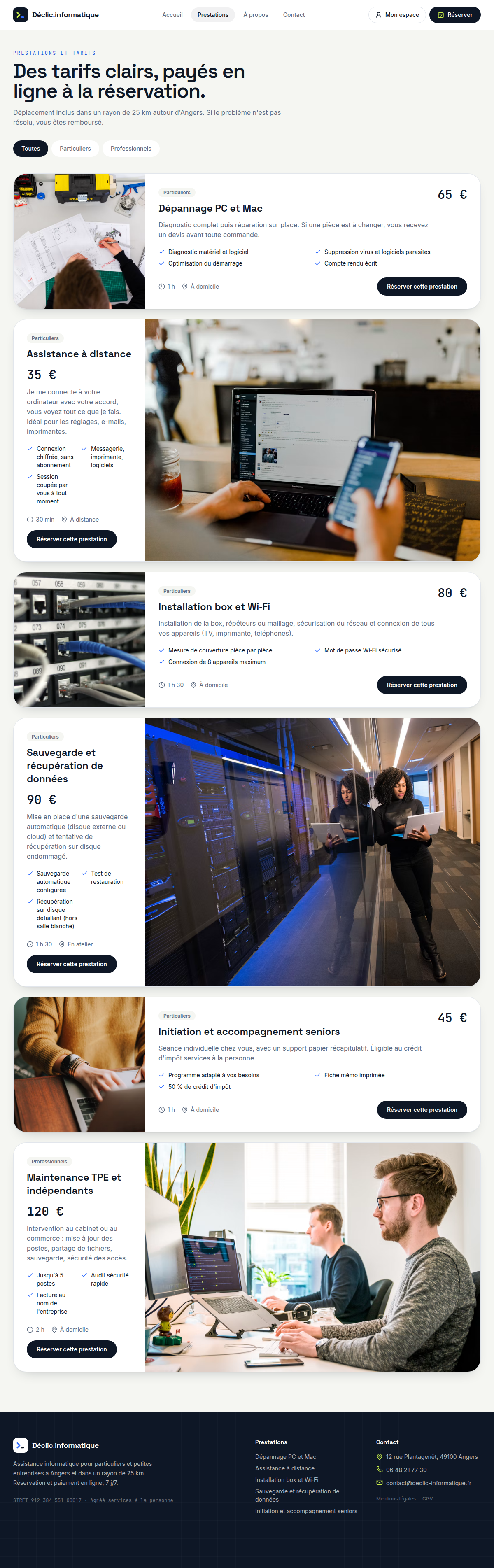 Prestations et tarifs, paiement en ligne