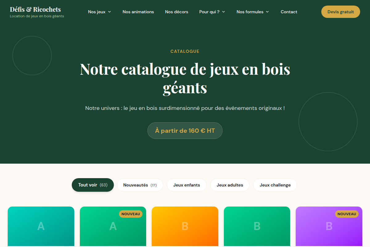 Catalogue filtrable par public et par type de jeu