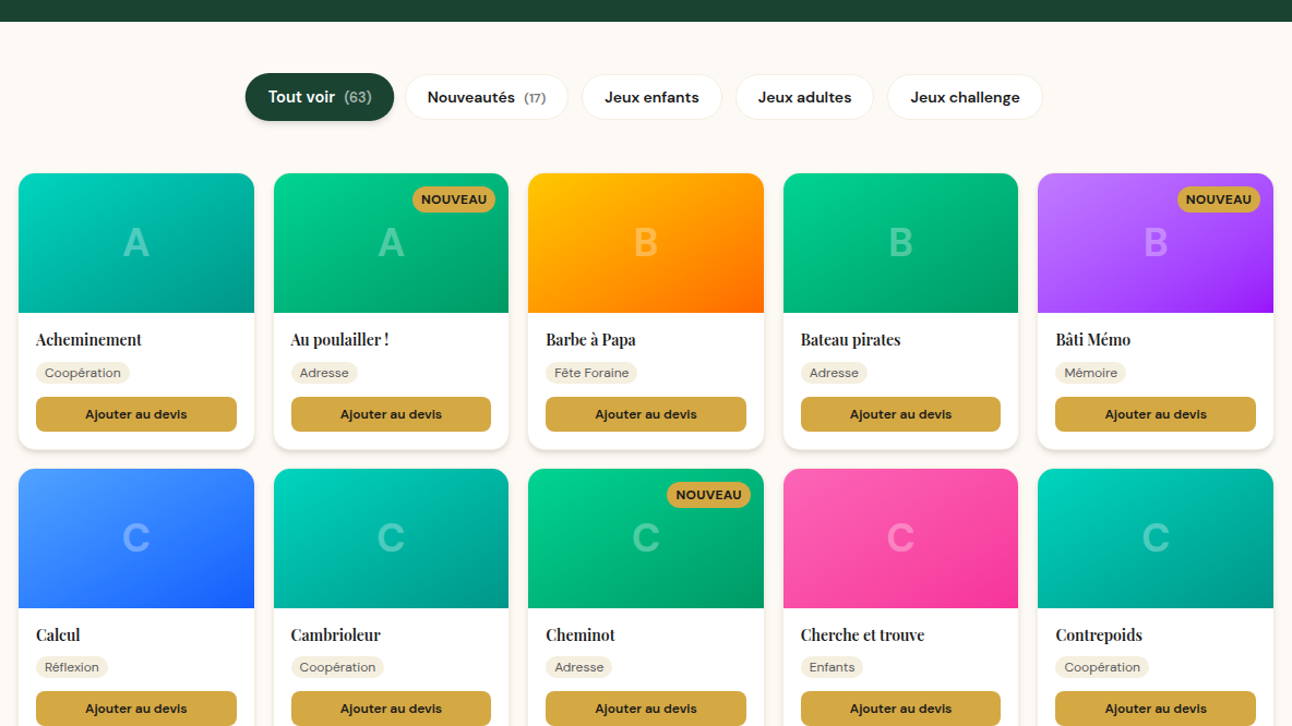 60+ jeux filtrables, ajout direct au devis