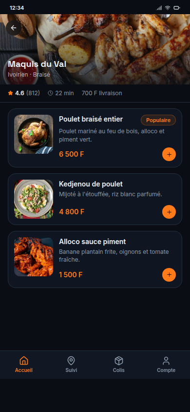 Menu du restaurant et ajout au panier