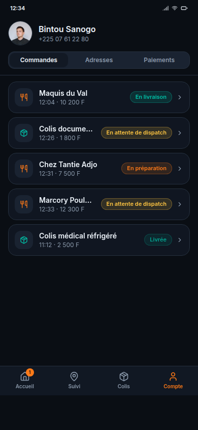 Espace compte et historique du client