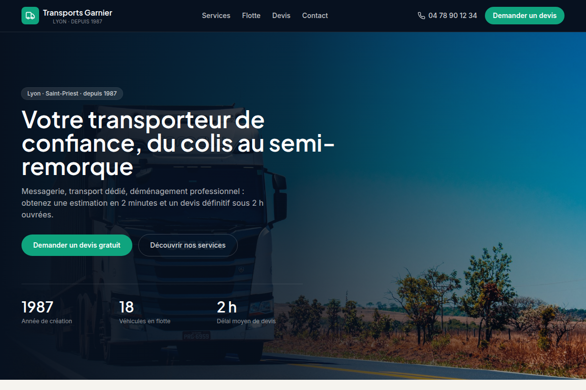 Accueil du site vitrine Transports Garnier