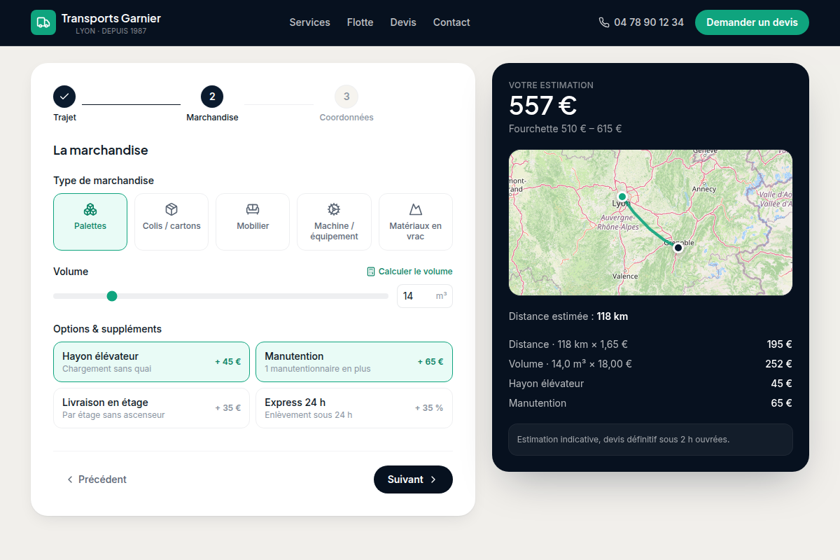 Étape 2 : marchandise, volume et options chiffrées