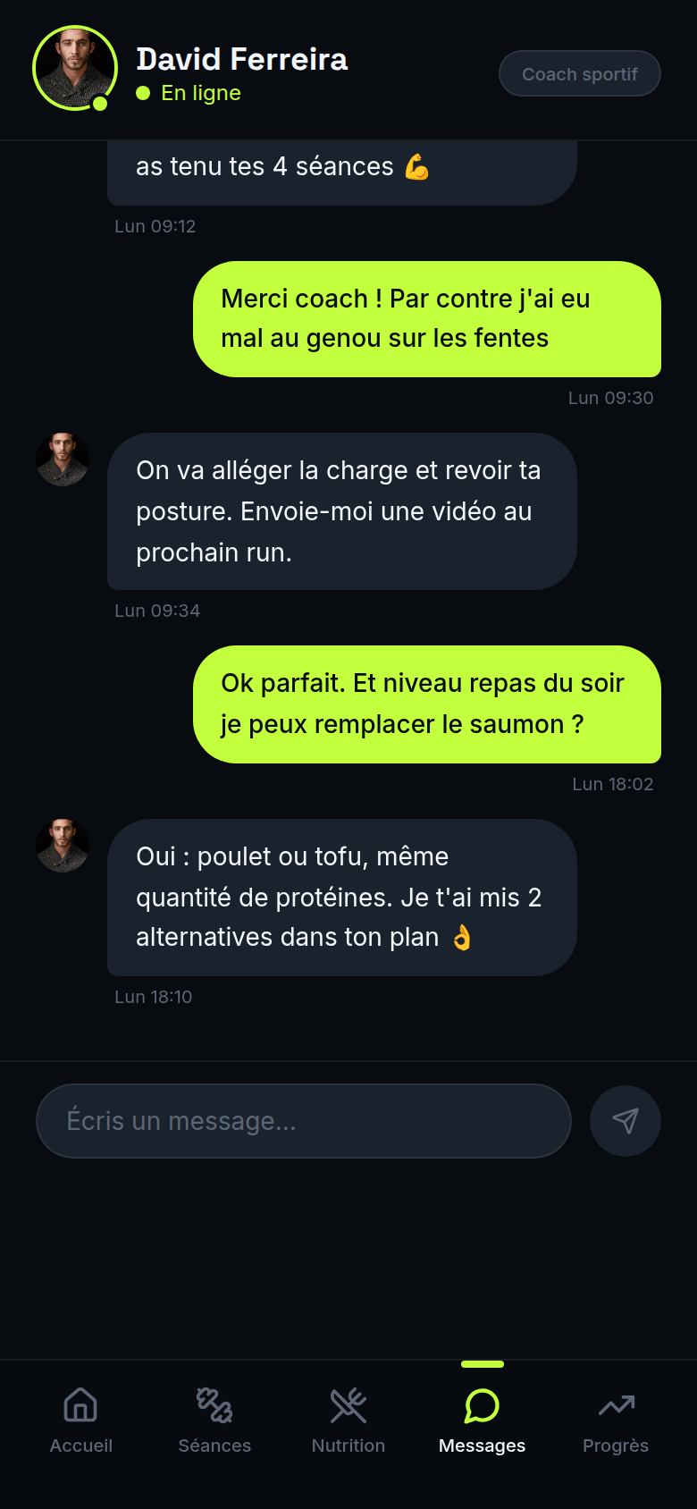 Messagerie directe avec le coach