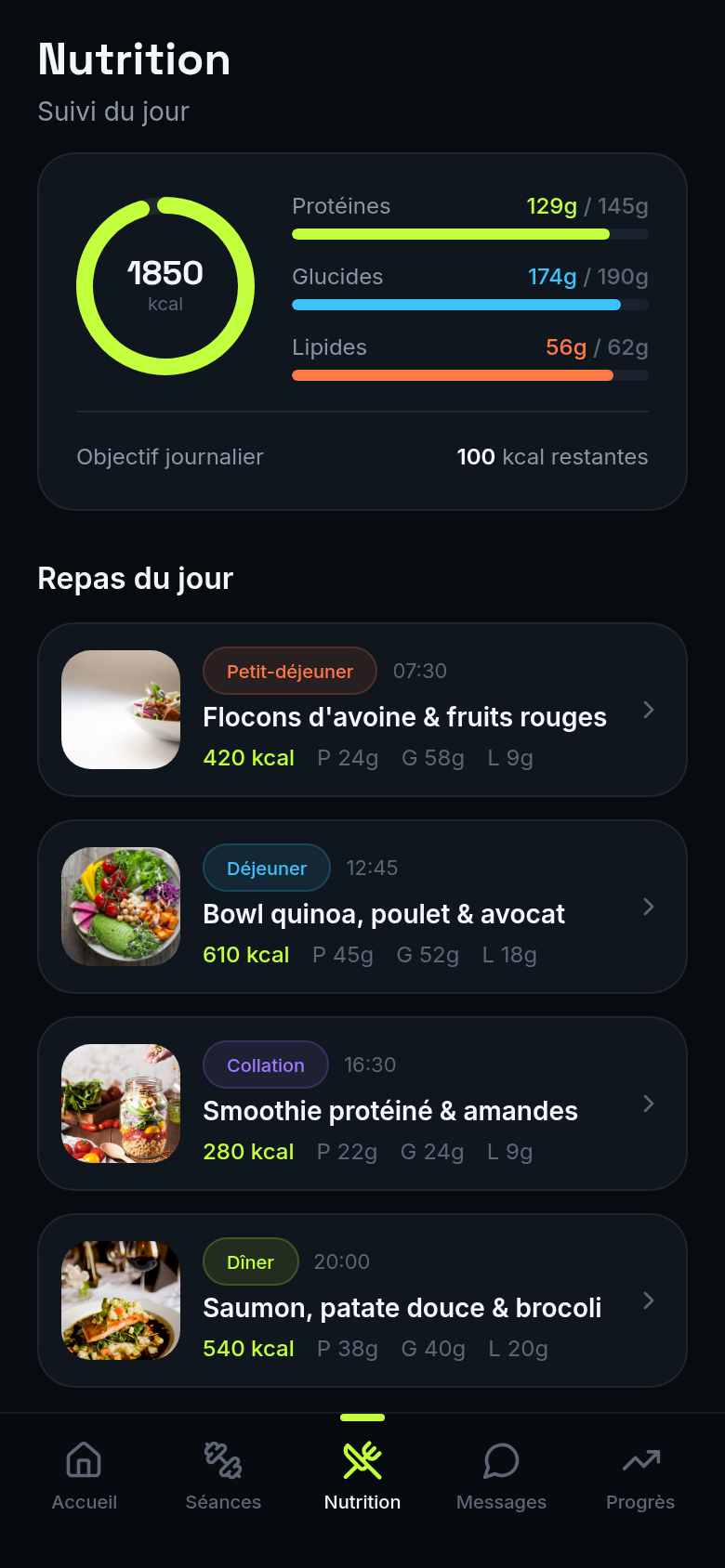 Calories, macros et repas du jour