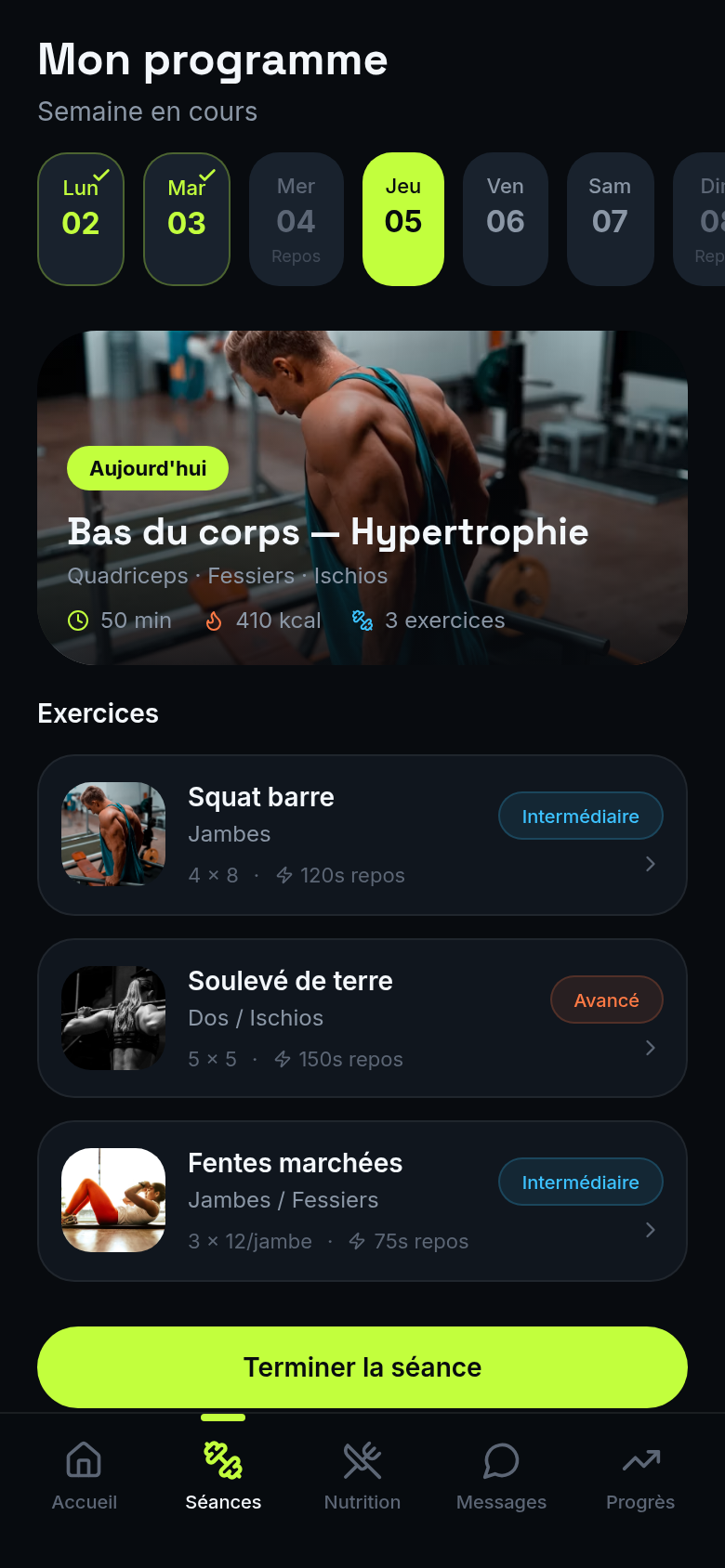 Programme de la semaine et exercices