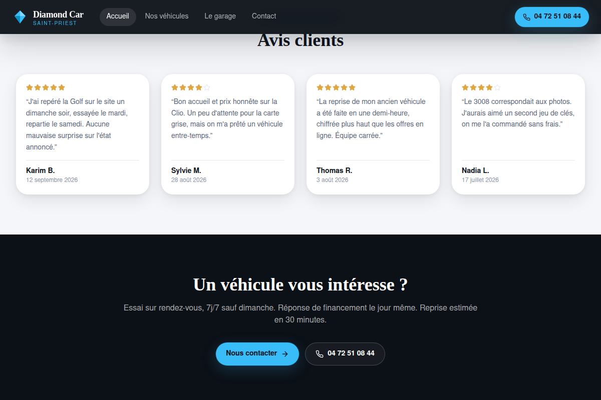 Avis clients et véhicules coup de cœur
