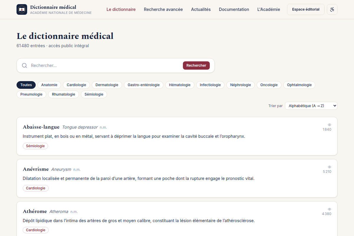 Recherche et index alphabétique du dictionnaire