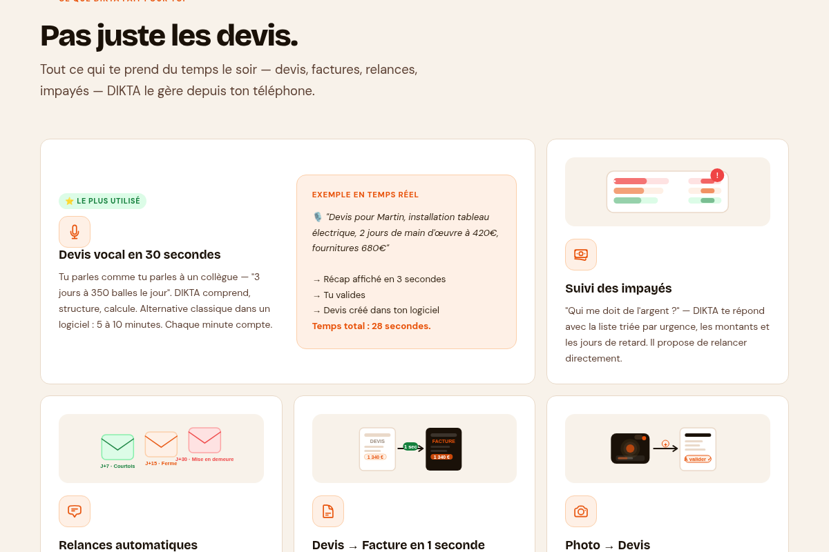 Devis, impayés, relances, photo, récap hebdo