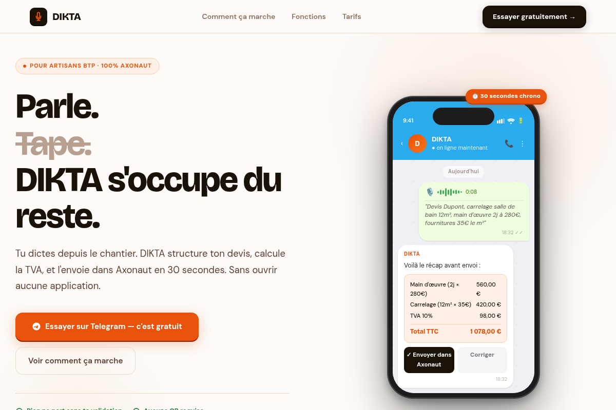 Dicter son devis, DIKTA l'envoie dans Axonaut