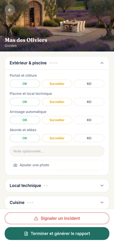 Checklist terrain — contrôle pièce par pièce