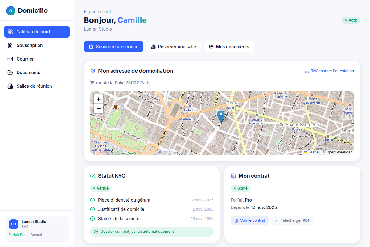 Tableau de bord : adresse, KYC et contrat