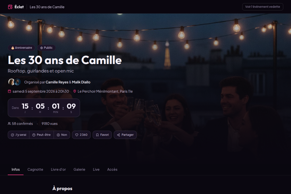 Page événement : compte à rebours et infos clés