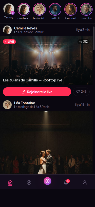 Fil d'actualité : stories, post live et post photo
