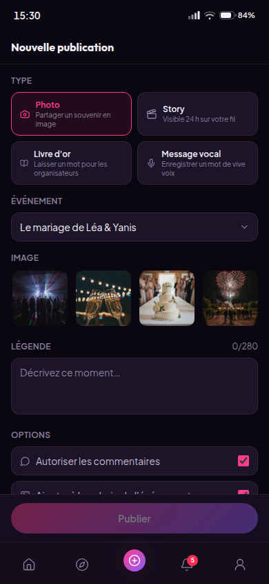 Composition d'une publication photo, story ou message vocal