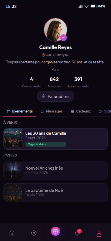 Profil invité avec événements suivis et statistiques