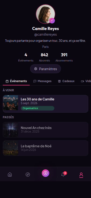 Profil Camille Reyes avec sous-onglets événements
